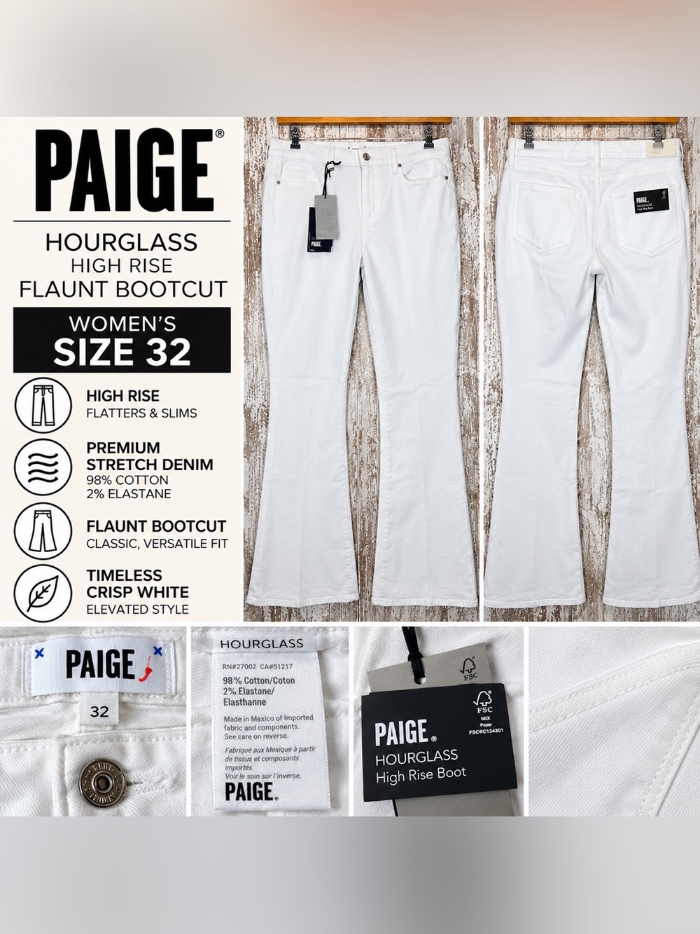 PAIGE Hourglass High Rise Flaunt Bootcut Jeans Women’s 32 Crisp White NWT